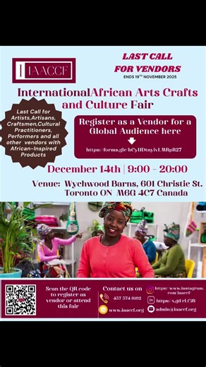 Hey friends! I’m Wendy Omanga, and I’m buzzing with excitement to invite you to the *International African Arts, Crafts & Culture Fair (IAACCF)* on *Sunday, 14 December 2025* at Toronto, Canada. *Are you an entrepreneur with African descent?* Whether you work in arts, crafts, cultural practice, or have African‑inspired innovations, it’s time to shine—register as an *EXHIBITOR/VENDOR* and show the world what you’ve got. _Fees_: - *Within Canada* – $350 CAD (registration)   $0 for the first booth,