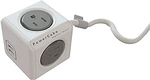 Allocacoc PowerCube Extended 4 Outlets 2USB, 5ft Power Strip Surge Protector 1875W 15A 125V 14AWG, No Blockage, Mounting Dock, Heavy Duty Travel Home Office Dorm Cruise Compact Space Saving, ETL