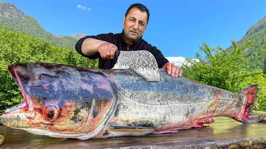 Giant 1.5 Meter Silver Carp Fried Over Open Fire