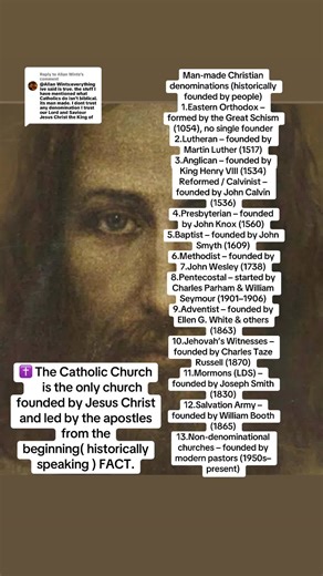 Replying to @Allan Wints Historically, the only Christian community that can be traced continuously back to the original apostolic circle in the 1st century—the community that began with Jesus’ followers and was led by the apostles—is the line that later became known as the Catholic Church. This is a historical continuity claim, not a doctrinal statement: \t•\tThe early Christian community was established by Jesus and the apostles in the 1st century. \t•\tOver time, this community developed into