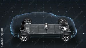 Electronic, ion battery hybrid car. Charging car battery. Battery level check, future car. side view.