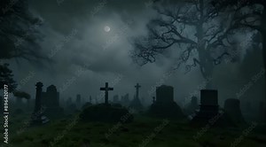 Eerie Graveyard Under a Full Moon: A haunting and atmospheric image of a graveyard shrouded in mist, with a full moon casting an ethereal glow on the tombstones. The scene evokes a sense of mystery