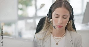Confused, computer and a woman in a call center for consulting, telemarketing or technical support. Contact us, problem and a female customer service employee reading information from a pc for sales