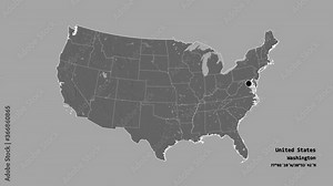 Massachusetts, state of United States mainland, with its capital, localized, outlined and zoomed with informative overlays on a bilevel map in the Stereographic projection. Animation 3D