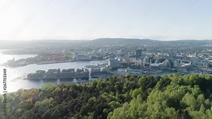4K aerial of the Oslo city line with a backdrop of downtown Oslo and Bjoervika, a popular tourist attraction with the Munch museum, Barcode and Soerenga pier, in evening with forward motion.