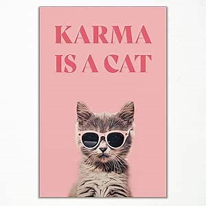 nghtuiyocw Cat Canvas Wall Art, Cute Pussycat Wearing Glasses Aesthetic Pink Poster, Funny Animal Print Painting, Modern Preppy Karma Is A Cat Picture for Girls Bedroom Wall Decor 8x12in Unframed