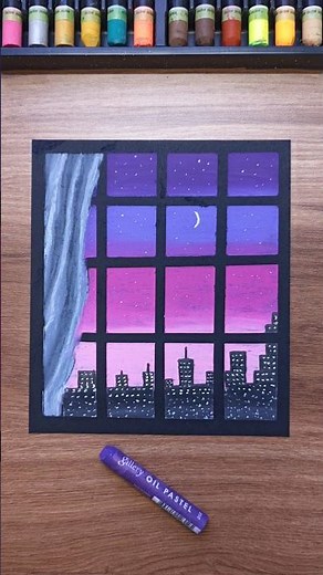 ✨ City Night Landscape Drawing using Oil Pastels #artshorts #oilpastel #oilpasteldrawing