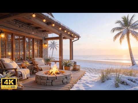 Winter Morning Beach Ambience ❄️ Relaxing Piano Music with Snow, Crackling Fireplace & Ocean Waves