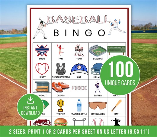 Baseball Bingo, 100 Unique Baseball Bingo Cards, Printable Baseball Game, Fun Sports Party Activity, Team Celebration Game, Instant Download - Etsy