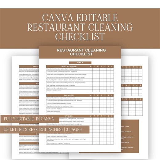 Canva Editable Restaurant Cleaning Checklist (PDF) - Etsy