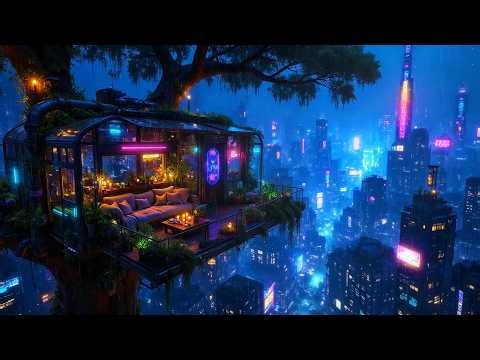 Lofi Ambient - Cozy Neon Treehouse in the Cyberpunk Rain | Chill Beats for Late Night Focus | 4K