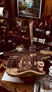 Upcoming getting finished next week! This is @garytmoore101 in process custom Cindy- his second! First build was an NYC pyrography Model-T. This one is obviously Carmine Street Guitars themed- the sister to the first build. Gary noted the Ramones albums with them against the brick backgrounds and said “you, Rick, Jonny and Dahlia are like the Carmine Street Ramones” - so here we are - woodburned onto a guitar face! 🖤 Thanks Gary! Can’t wait o hear this baby next week!! Everything is hand woodbu