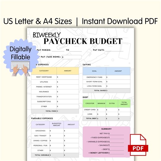 Bi Weekly Paycheck Budget, Fillable PDF Planner, Auto-calculating Budget Sheet, Expense Tracker - Etsy Canada