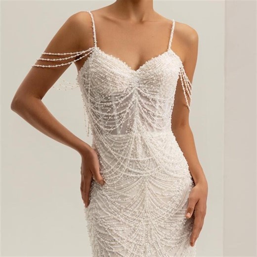 Mermaid Wedding Dress With Pearl Beading, Beaded Straps Bridal Gown, Ivory Pearl Wedding Dress With Train, Romantic Open Back Bridal Dress - Etsy