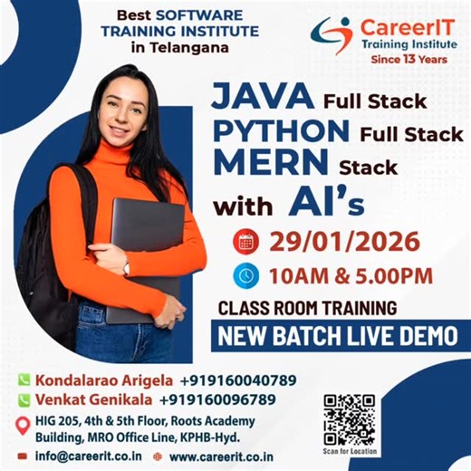 CareerIT Training's on Instagram: "*Welcome to Career IT Training Institute!!!* Exciting News! 🎉 We're Start a new Batch demo on *29th January* , *Thursday at 10:00 AM* & *5 PM* ! 📅 Choose Your Path: 🤔 *1. Java Full Stack with AI*🔥 *2. Python Full Stack with AI*🐍 *3. MERN Stack with AI* 🔥 *4. Data Science with Gen AI* 📊 💡*Unlock Your Potential:* ✅ Become a master in your chosen field ✅ Get hired by top companies ✅ Enhance your skills with: ✅ Real-time project training ✅ Lab facilities ✅ 