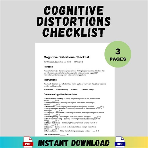 Cognitive Distortions Checklist Therapist Tool CBT Inspired Editable Word PDF Thinking Traps Worksheet Counseling Printable Checklist - Etsy