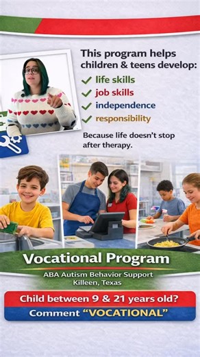 Your child needs more than therapy. The future is trained too. Our Vocational Program Opens on January 19 and is designed to prepare young people with autism for adult life. 📩 Message us if you would like more information. 📍 Killeen, Texas #ABAAutismBehaviorSupport #VocationalProgram #AutismSupport #ABATherapy #KilleenTexas Tu hijo necesita más que terapia. El futuro también se entrena. Nuestro Programa Vocacional abre el 19 de enero y está diseñado para preparar a niños y jóvenes con autismo 