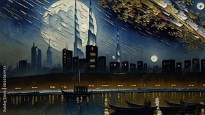 Futuristic urban animation of cyberpunk cityscape with high skyscrapers, watercolor painting. Cityscape animation with illustrations transformations, music visualization. AI generated video