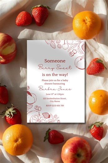 Berry Sweet Baby Shower Invitation Template, Strawberry Baby Shower Invite, Red Berry Baby Shower, Girl Baby Shower Editable Canva Template - Etsy