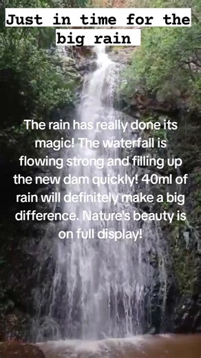 🌟 *Waterfall Update! 🌧️* _Waterfall Safari Lodge_ is THRIVING! 🌿💧 _"Our waterfall is ROARING after 40mm of rain! 🌊❤️ The dam is filling up, and so are our hearts! ❤️ Perfect time for a wild escape! 🌟 Book your stay and experience the magic! 🐾💦 #WaterfallSafari #NatureLovers #rainydays | Waterfall Safari Lodge