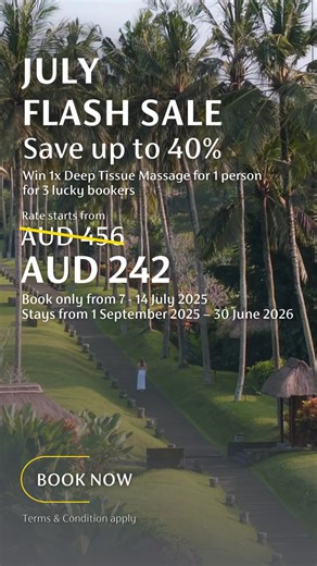 Escape to Bali with exclusive savings—up to 40% off at a 5-star resort in Ubud, with rates starts from AUD 314. Book between April 4 - 11, 2025, for stays until March 31, 2026, and get a chance to win 1x a la carte cultural dinner at Mayasari (a choice of food and drink) for two. Click the button to book or message us via WhatsApp at 62 812 3761 4233. | Maya Ubud Resort & Spa, Bali, Indonesia