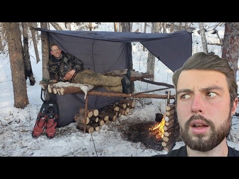 Winter Camping in Raised Bushcraft Shelter - Level 100 Campfire Cooking l HOZZ