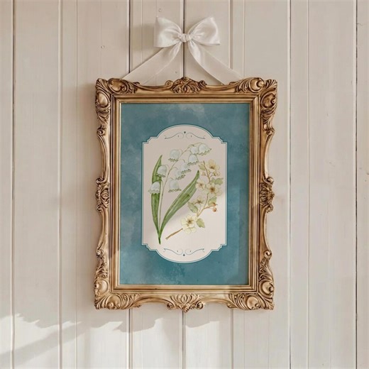 May Birth Flower Wall Art | Lily of the Valley & Hawthorn Printable | Happiness Hope Floral Art | Blue Botanical | Digital Download - Etsy