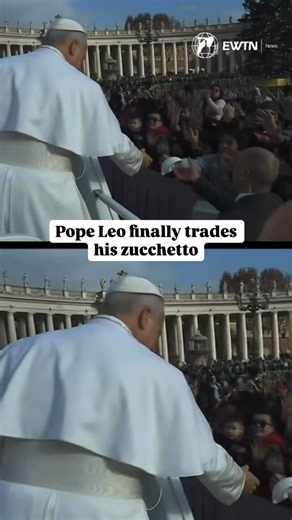 EWTN Vatican on Instagram: "There is a long-standing tradition for pilgrims to trade zucchettos (the white head covering) with the recent popes. This takes place commonly during the General Audiences in St. Peter’s Square. Pope Leo has chosen typically to place the gifted zucchetto upon his head for a few moments before returning it to the pilgrim. Finally, at Wednesday’s General Audience, Pope Leo traded the zucchetto he was wearing and continued to wear the one gifted to him. His Holiness ende