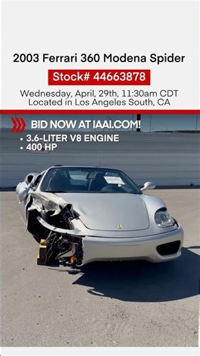 ⁉️Is this one a rebuilder’s dream?🇮🇹Head to iaai.com to bid on this 2003 Ferrari 360 Modena Spider