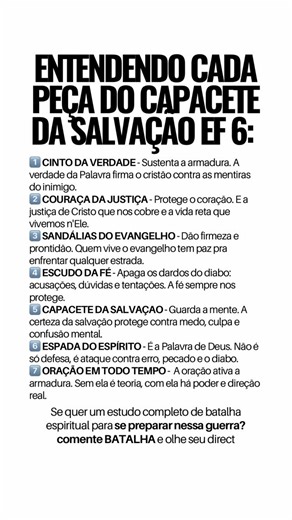 Ângelo | Bíblia on Instagram: "Se você quer aprender sobre BATALHA ESPIRITUAL de forma bíblica, comente “BATALHA” que você receberá uma mensagem no direct com as informações 👉🏻 Aquisição por contribuição (Você contribui com o valor que pode, não tem valor ficado no estudo). Veja só os temas do estudo 👇🏻 ✅ Capítulo 1. O que é batalha espiritual? ✅ Capítulo 2. O papel da oração na batalha espiritual - Como criar o hábito da oração ✅ Capítulo 3. A importância da Pala