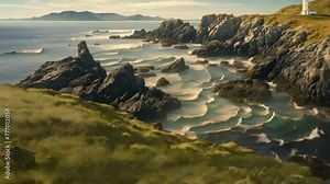 Lighthouse Atop Cliff Overlooking Ocean, Maritime Navigation Beacon on Coastal Cliff, A rugged coastline with lighthouse perched at the edge of a cliff, AI Generated