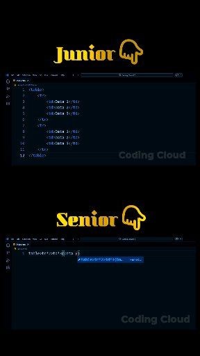 HTML Table vs Emmet Shortcut 😱 Junior vs Senior Developer Junior vs Senior Developer coding difference using Emmet shortcut. Learn how to create HTML table faster using Emmet in VS Code. Web development tips & Tricks #html #webdevelopment #coding #developer #emmet #programming #juniorvsSenior #codingtips #learncoding #banglatutorial #webdev #frontend #vsCode #codinghack #programmer | Coding Cloud