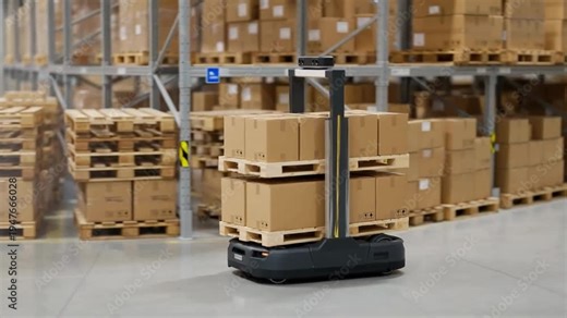 Warehouse robot autonomous forklift pallet stack cardboard box logistics automation industrial storage distribution center supply chain smart warehouse indoor vehicle automated pallet mover cargo