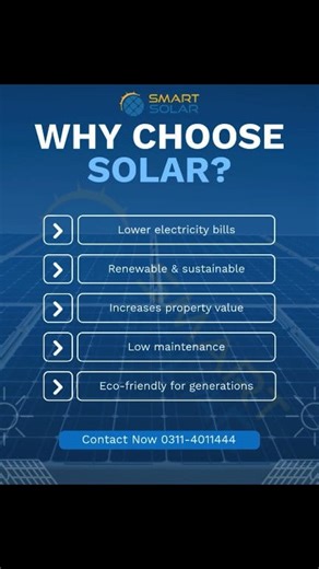 Thinking about switching to solar? ☀️ Here’s WHY you should choose Smart Solar: ✅ Lower electricity bills ✅ Renewable & sustainable energy ✅ Increases your property value ✅ Low maintenance ✅ Eco-friendly for generations 🌍 📞 Contact Now: 0311-4011444 Let’s make your home smarter with solar energy! ⚡ Hashtags: #SmartSolar #SolarEnergy #GoGreen #RenewableEnergy #SolarPanels #SolarPower #CleanEnergy #EcoFriendly #SustainableLiving #SolarPakistan #SolarSystem #HybridSolar #NetMetering #SmartChoice 