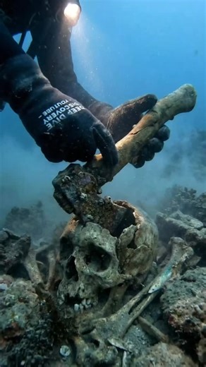 Deep Dive Discovery 🌊 on Instagram: "Found a skeleton with an AXE in its head! Description: A terrifying discovery hidden underwater. The bone is dissolving, but the rusty axe remains #Underwater #Mystery #Scary #DeepDiveDiscovery #Shorts"