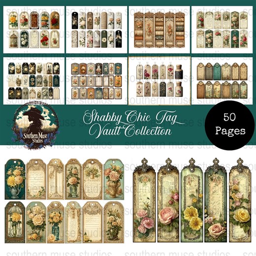 Shabby Chic Tags, Floral Ephemera, Digital Download, Printable Scrapbook, Vintage Journal, Flower Tags, 50 Pages PDF, Junk Journal, Digikit - Etsy Canada
