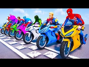 SPIDERMAN vs SUPERHEROES Racing Motorcycles Ultimate Stunt Challenge: Water Obstacle Course - GTA 5