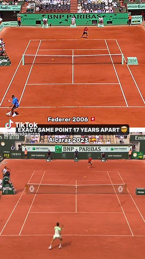 Same Court, Same Point, Same Reaction 🤯🎾 #RolandGarros #SportsTikTok #Alcaraz #Federer #timetravel @Carlos Alcaraz 🧠❤️🥚🥚