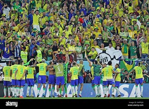Doha, Qatar. 28th November 2022; Stadium 974, Doha, Qatar; FIFA World Cup Football, Brazil versus Switzerland; Players of victorious Brazil celebrate their 1-0 win with their fans at final whistle Credit: Action Plus Sports Images/Alamy Live News Stock Photo - Alamy