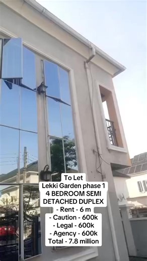 ‎To Let ‎Lekki Garden phase 1 ‎4 BEDROOM SEMI DETACHED DUPLEX ‎- Rent - 6 m ‎- Caution - 600k ‎- Legal - 600k ‎- Agency - 600k ‎Total - 7.8 million