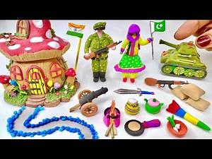 DIY How to Make Polymer Clay Miniature House, Army Officer, Tank, Kitchen set, Cannon