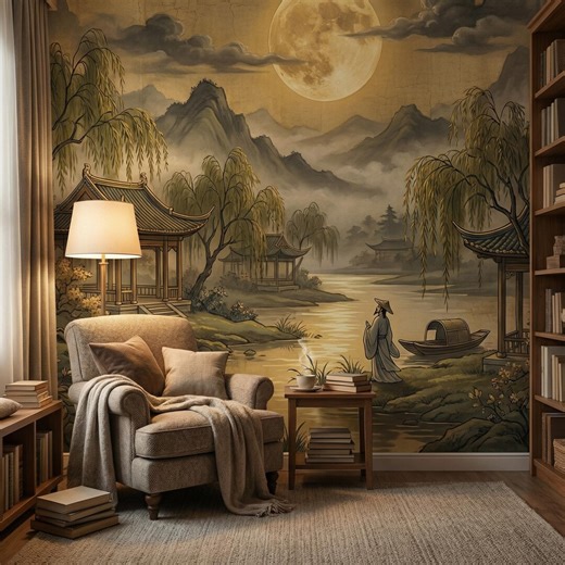 Vintage Chinoiserie Landscape Wallpaper Mural – Moonlit Asian Pavilion Peel and Stick Removable Wall Paper Waterproof - Etsy