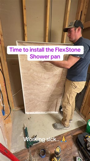 FlexStone shower base installation and moisture resistant drywall hung for FlexStone shower wall backing. I install a delta shower valve with a 6’6” shower head height. #flexstoneshower #showerbaseinstallation #handymanservices #bathroomremodel #showerinstall