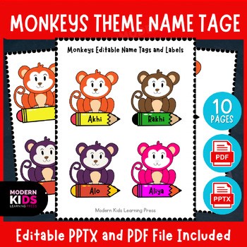 Editable Monkeys Theme Name Tags, Labels for Back to Shcool Classroom Decor