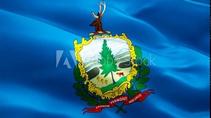Vermont State flag video waving in wind. Realistic US State Flag background. ‎Montpelier Vermont Flag Looping closeup 1080p Full HD 1920X1080 footage. Vermont USA United States country flags footage v