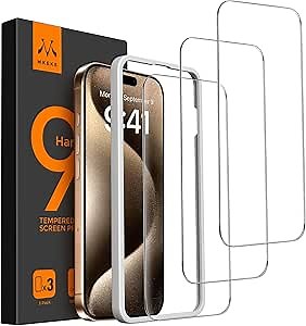 Mkeke Screen Protector for iPhone 15 Pro, 3 Pack Tempered Glass [9H Hardness] [Military-Grade Drop Protection] [Sensitive Touch] [Easy Installation Frame] [HD Clear] for 6.1 inch