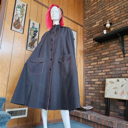 Vintage 70s Goth Riding Hood Rain Cape Unisex Mens Black Red Cloak Coat OS - Etsy