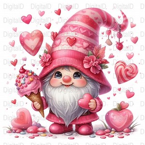 Valentine Gnome Digital Art, Gnome With Ice Cream, Heart Illustrations, Gnome Digital Download, Love Gnome PNG, Valentine Decorations - Etsy