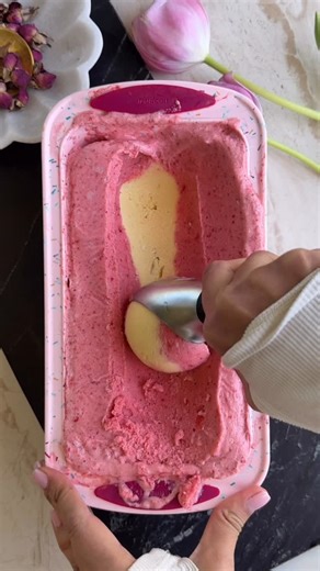 Alia & Radwa Elkaffas on Instagram: "Mango & Strawberry Sorbet 🍓🥭 This homemade ice cream is creamy, fruity, and made with just a few simple ingredients—no machine needed! We used mango and strawberry, but you can totally mix it up with your favorite fruits Comment SORBET RECIPE and we’ll DM you the recipe! 🍨✨ #homemadeicecream #summerdessert #easyrecipe #fooddolls #sorbet https://www.fooddolls.com/fruit-ice-cream/"