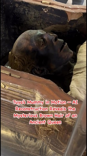 Tuya’s Mummy in Motion — AI Reconstruction Reveals the Mysterious Brown Hair of an Ancient Queen This AI-generated motion reconstruction of Queen Tuya’s mummy reveals one of the most fascinating details ever captured: the unusual brown hair that still rests on her scalp after more than 3,300 years. But was this truly her natural hair color… or the result of oils, resins, and embalming materials that tinted the hair during mummification? Scholars suggest that the warm brown tone may derive from a